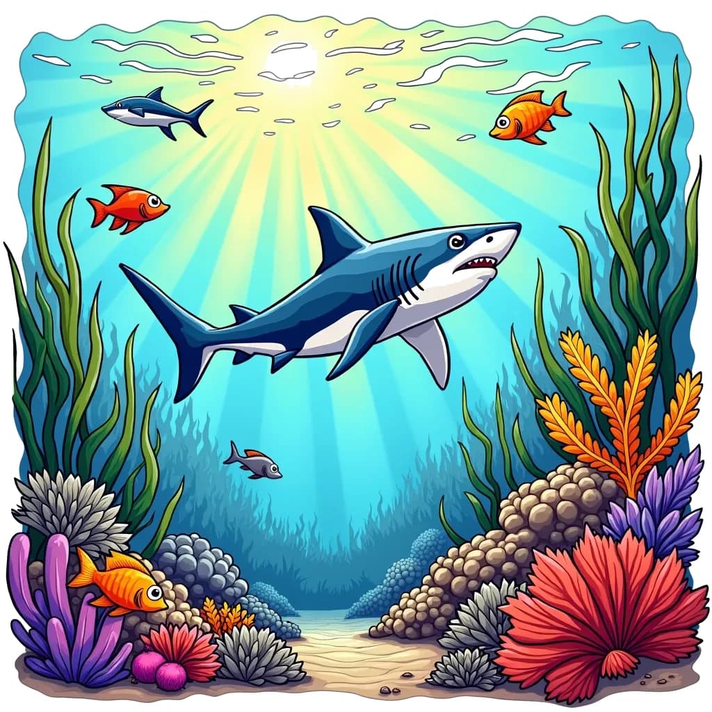 Coloring Page (colored): Shark Encounter - A majestic shark gliding through a coral reef, surrounded by colorful fish swimming alongside it. The sunlight filters down through the water, creating a serene atmosphere.