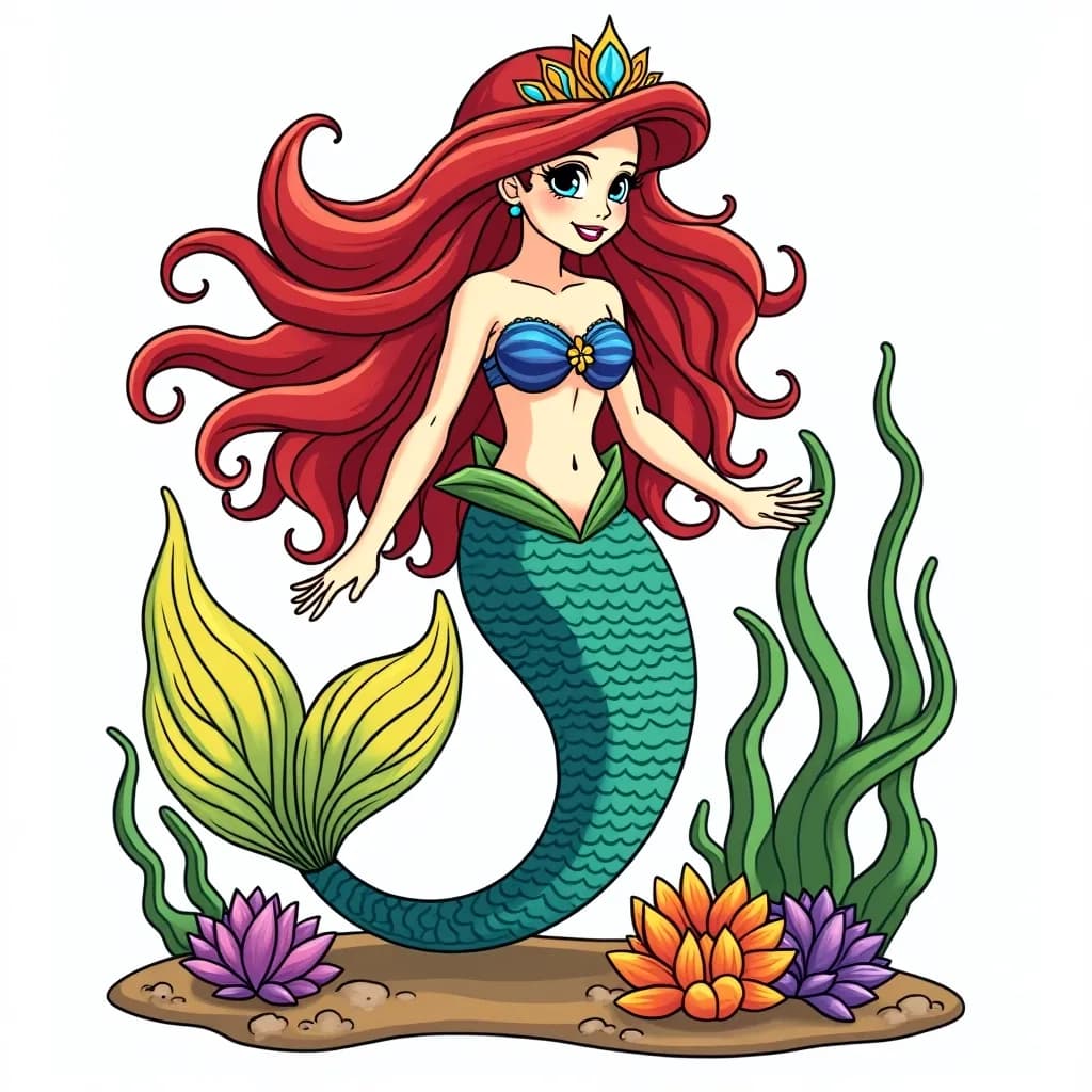 Coloring Page (colored): Underwater Princess - A mermaid princess with flowing hair made of seaweed and shimmering scales, surrounded by colorful fish and coral reefs in an underwater kingdom.