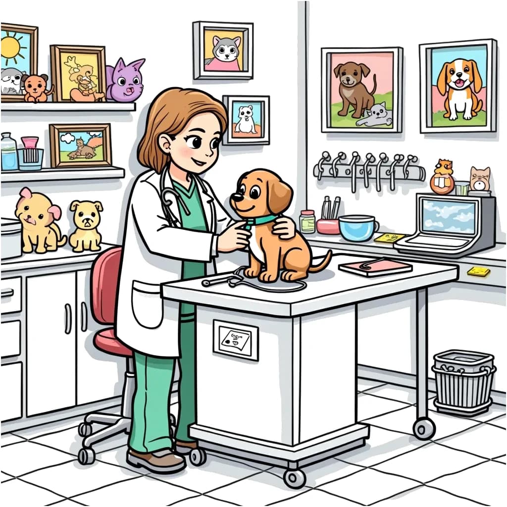 Coloring Page (colored): Veterinarian Office - A veterinarian is examining a playful puppy on the examination table, with various medical tools around them. Pictures of different animals decorate the walls of the office, and a cat can be seen waiting nearby in a carrier.