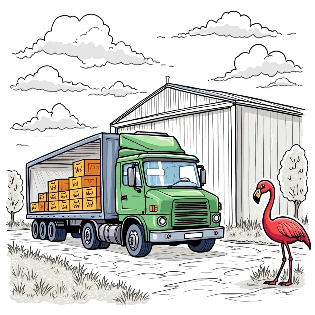 Coloring Page (colored): Transporter Truck Delivery - A transporter truck is parked in front of a big warehouse, loading boxes onto its trailer while a flamingo observes from nearby.