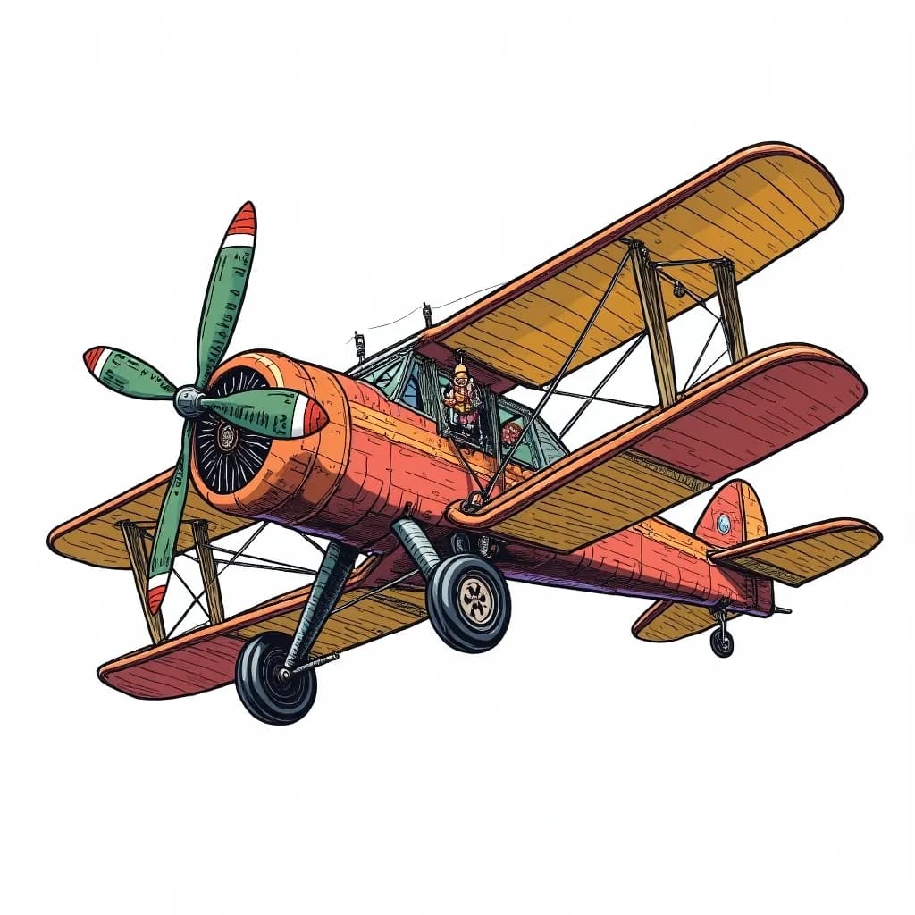 Coloring Page (colored): Airborne Adventure - A vintage steam-punk airplane designed with copper and brass, soaring through a sunset sky filled with shades of orange, pink, and purple.