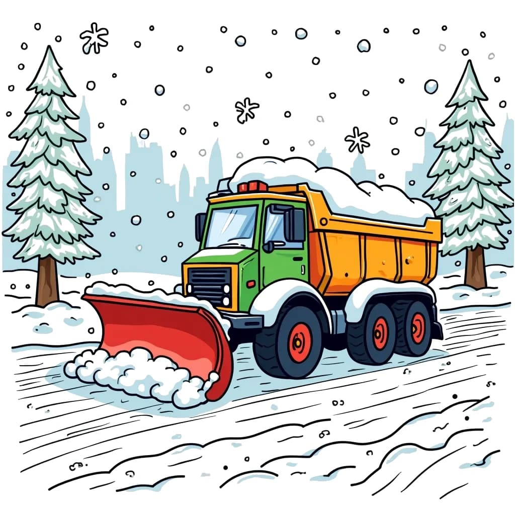 Coloring Page (colored): Snowplow Clearing the Road - A snowplow is clearing a snowy road after a heavy snowfall. Snowflakes are still falling, and trees in the background are covered in white.