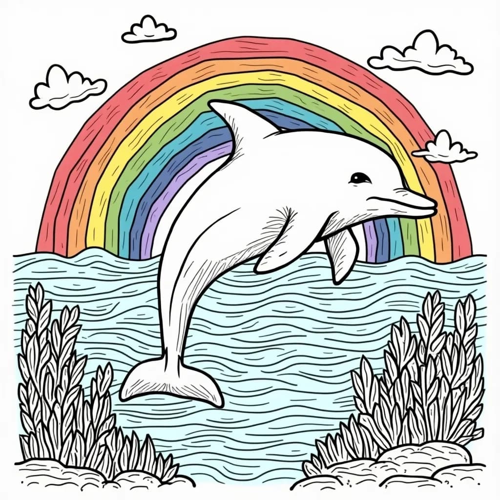 Coloring Page (colored): Dolphin and Rainbow - A dolphin swimming through a shimmering sea with a rainbow arching in the background, casting colorful reflections on the water.