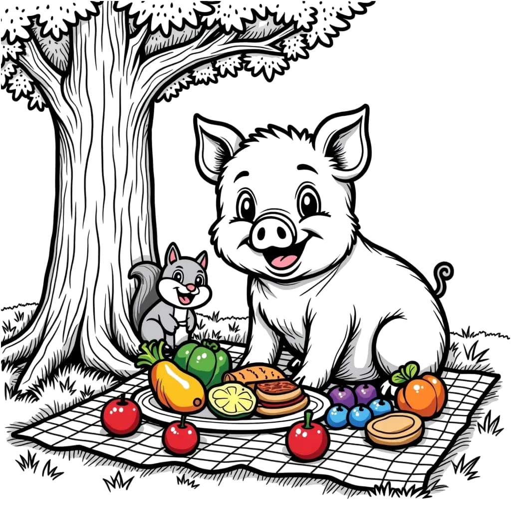 Coloring Page (colored): Piggy Picnic - A jolly pig sitting on a picnic blanket under a tree, enjoying a feast of fruits and vegetables. A friendly squirrel peeks out from behind the tree, eyeing the delicious food.