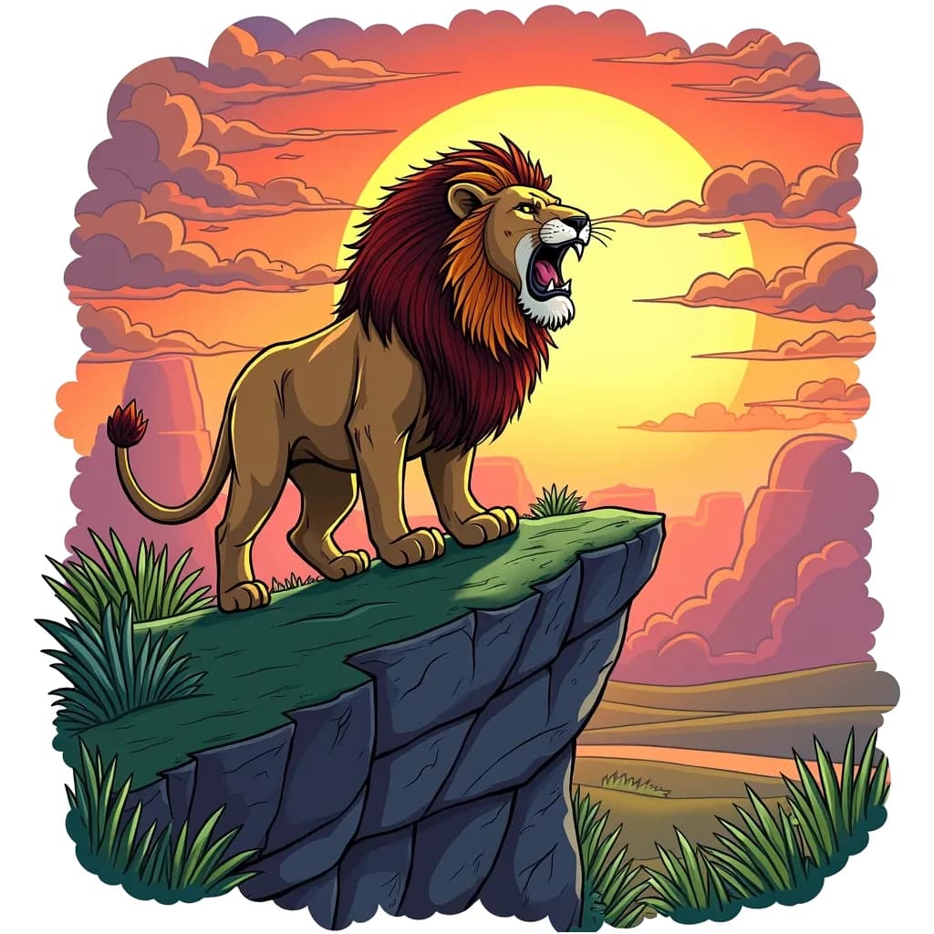 Coloring Page (colored): Majestic Mane - A fierce lion roaring atop a rocky cliff, with the African sunset casting a warm glow behind him.