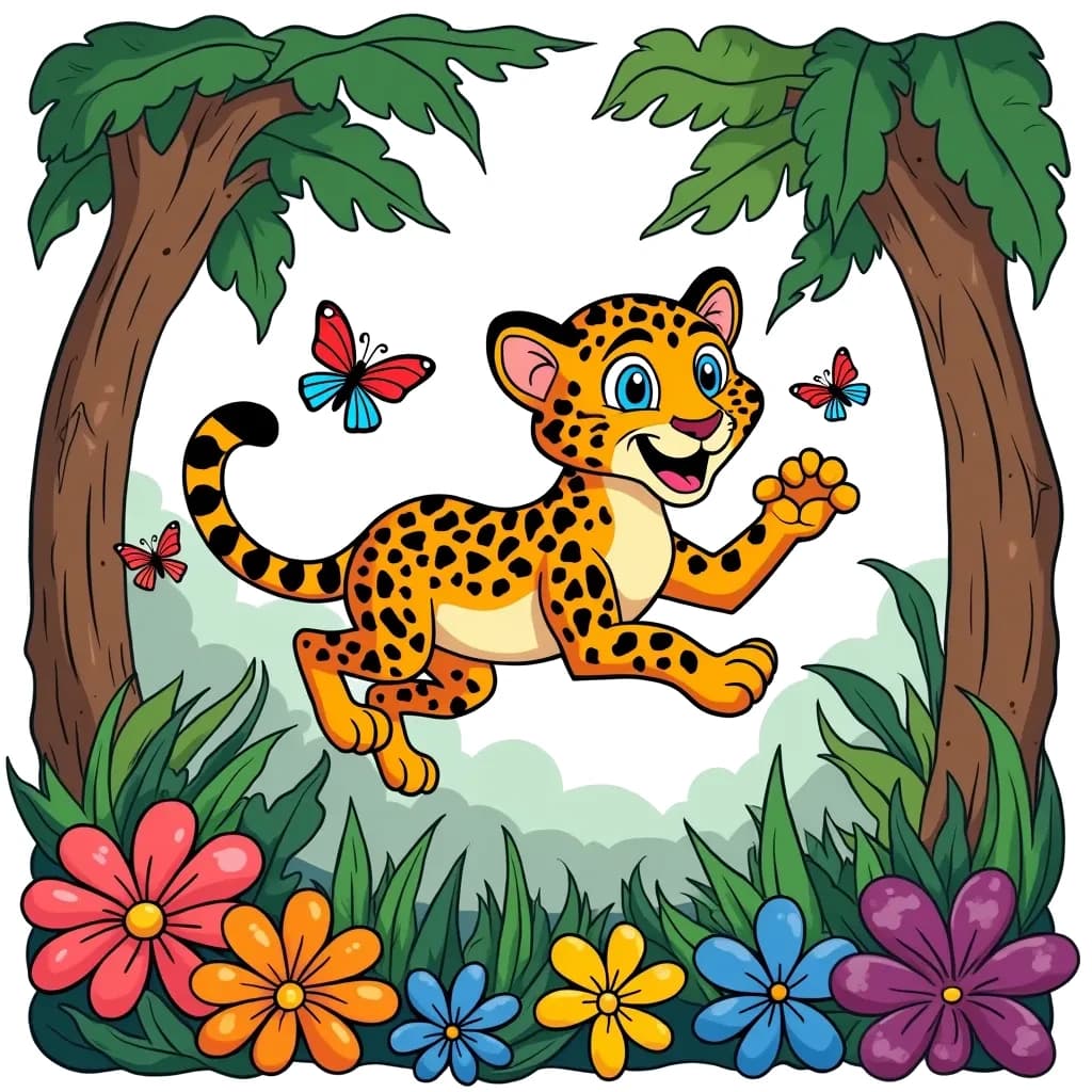 Coloring Page (colored): Leopard in the Jungle - A playful leopard jumping through the vibrant jungle, surrounded by tall trees and colorful flowers. The leopard has a big smile, and butterflies are fluttering around it.