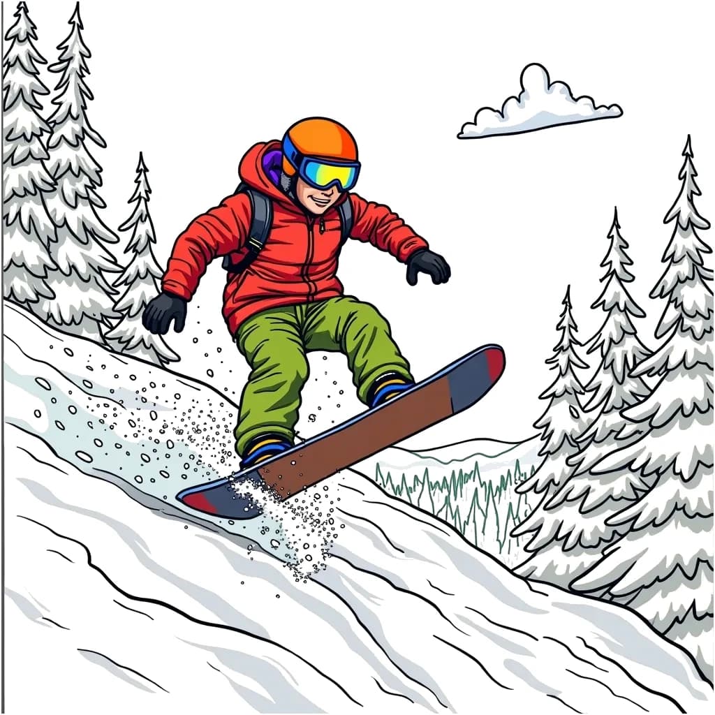 Coloring Page (colored): Snowboarder in the Snow - An adventurous snowboarder doing tricks on a snowy mountain, with trees and other snowboarding friends in the background enjoying the winter day.