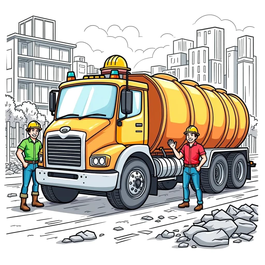 Coloring Page (colored): Tanker Truck's Delivery Day - A big, friendly tanker truck delivering colorful materials to construction workers at a busy building site. The workers are waving and smiling, appreciating the helpful truck.