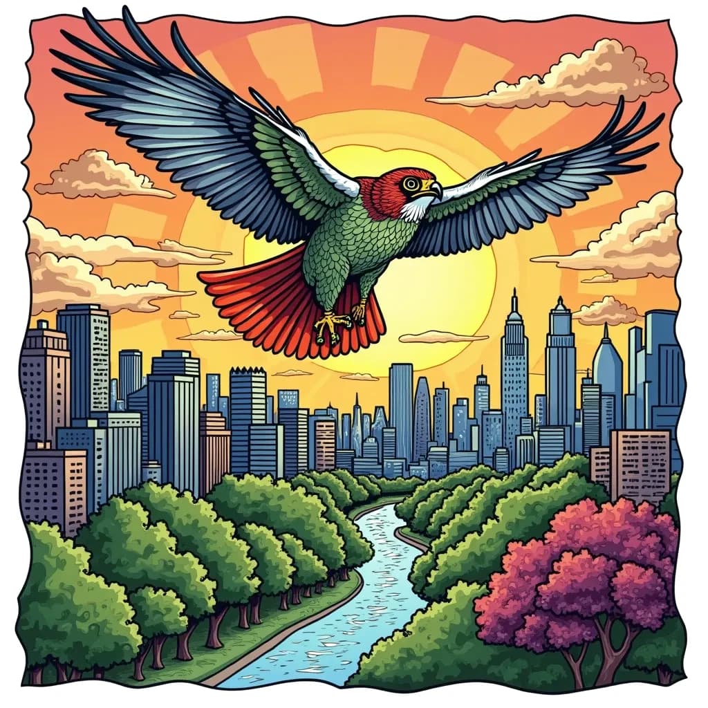 Coloring Page (colored): Falcon Soaring Above the City - A falcon is flying high above a bustling cityscape, with skyscrapers and parks below. The sun sets in the background, casting a warm glow over the scene.