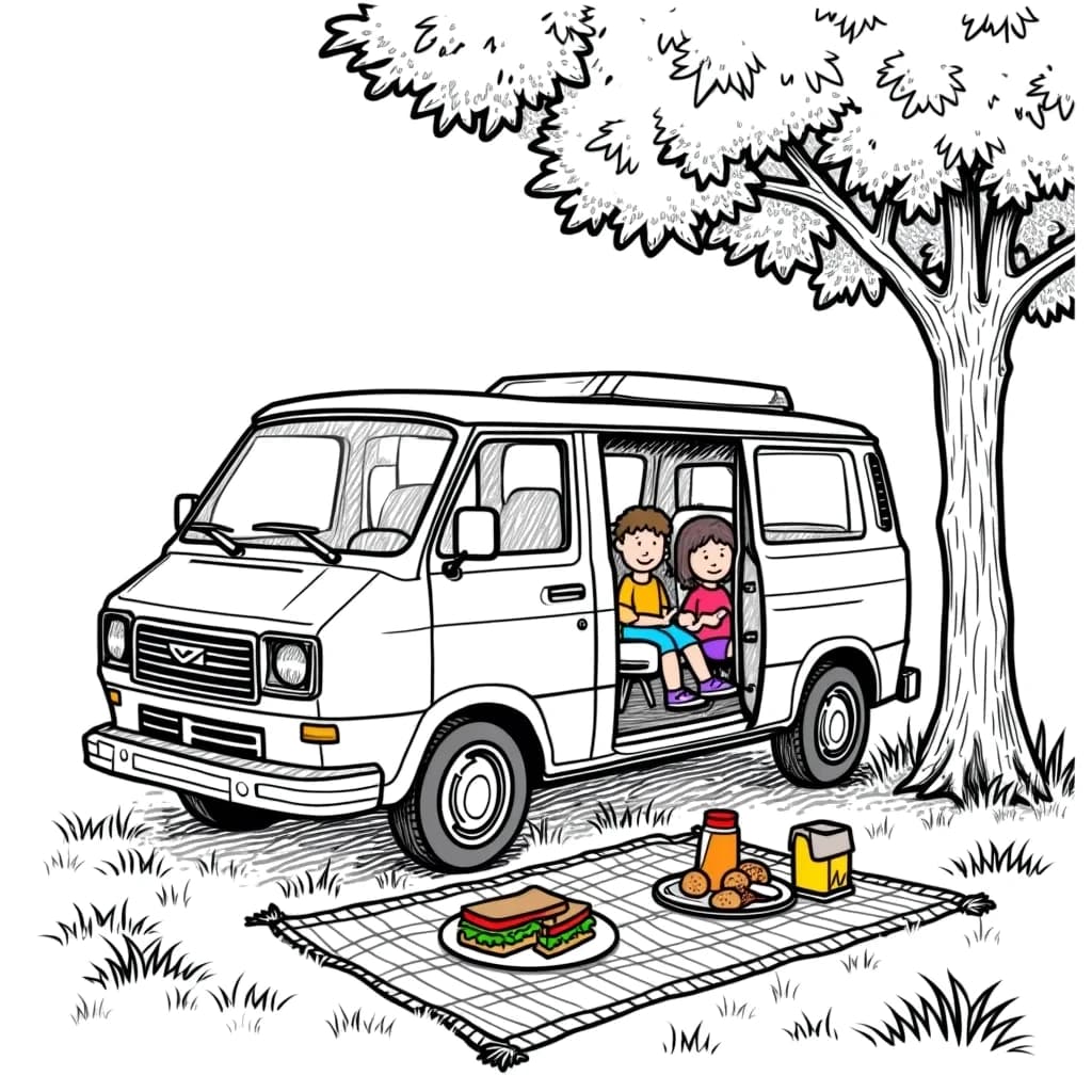 Coloring Page (colored): Minivan at a Family Picnic - A minivan is parked under a tree at a family picnic, with a picnic blanket laid out and sandwiches and juice boxes on it.