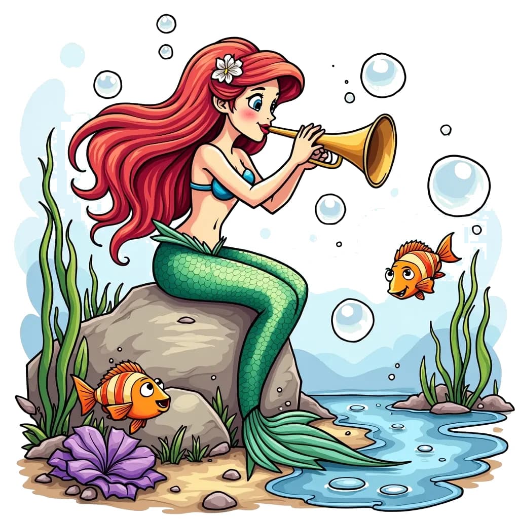 Coloring Page (colored): Mermaid's Melody - A beautiful mermaid sits on a rock, playing a shell trumpet while fish gather around to listen. The scene is set against a backdrop of bubbles and playful waves.