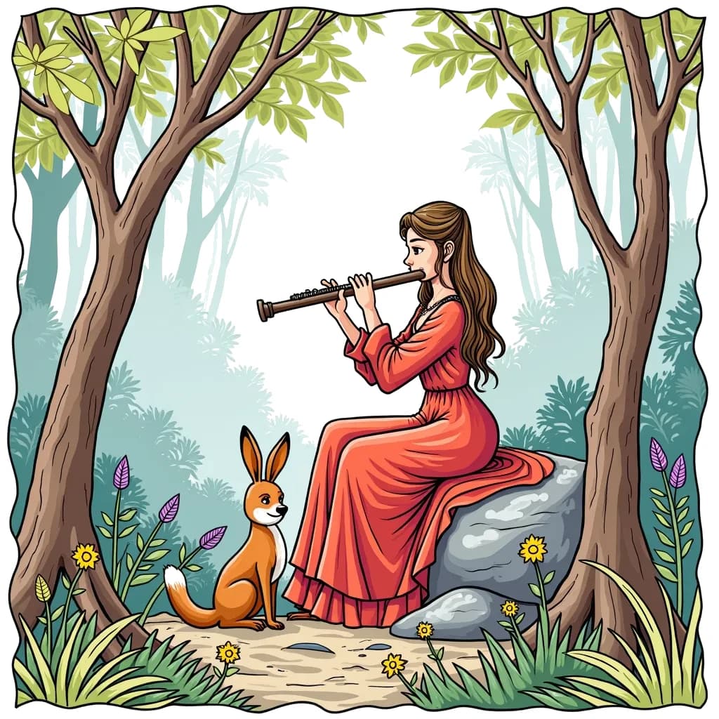 Coloring Page (colored): Flute in the Forest - A serene flutist sitting on a rock in the forest, playing music that seems to attract woodland creatures.