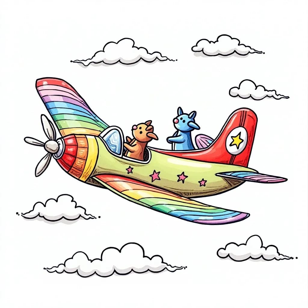 Coloring Page (colored): Rainbow Air - A whimsical airplane with wings painted in rainbow colors, flying through a sky full of vibrant, playful kites and cheerful birds.