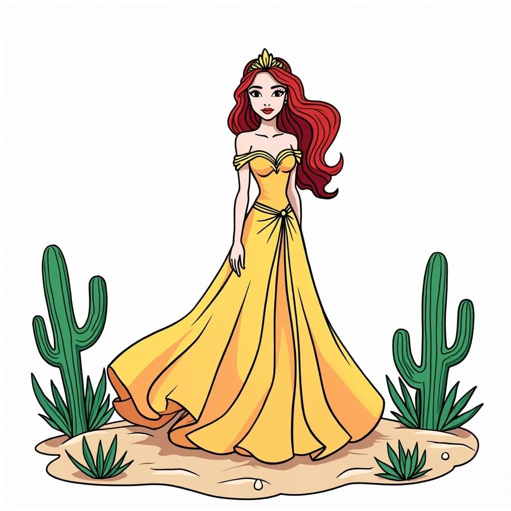 Coloring Page (colored): Desert Princess - A princess in a flowing sandy-colored gown with golden stars, standing atop a sand dune with the sun setting in the background, casting hues of orange and pink.