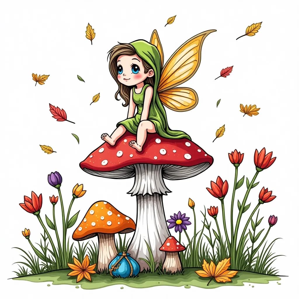 Coloring Page (colored): Fairy in Fall - A tiny fairy sitting on a mushroom, surrounded by an array of colorful autumn flora, with delicate wings shimmering in the sunlight.