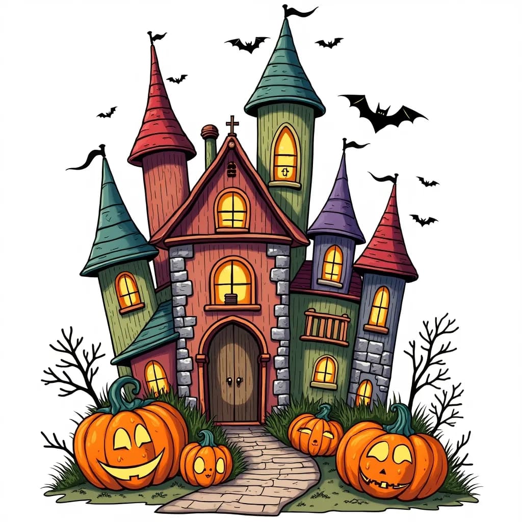 Coloring Page (colored): Pumpkin Castle - A whimsical castle made entirely of jack-o'-lanterns, with glowing windows and twisted vines. Surrounding the castle are trees with orange and purple leaves, and a bright full moon illuminating the sky.