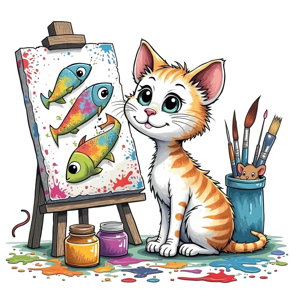 Coloring Page (colored): Cat's Art Studio - A curious cat is surrounded by colorful paint splatters, with a canvas showing a whimsical painting of fish. Brushes and jars of paint are scattered around, while a mouse peeks from behind a paint tube.