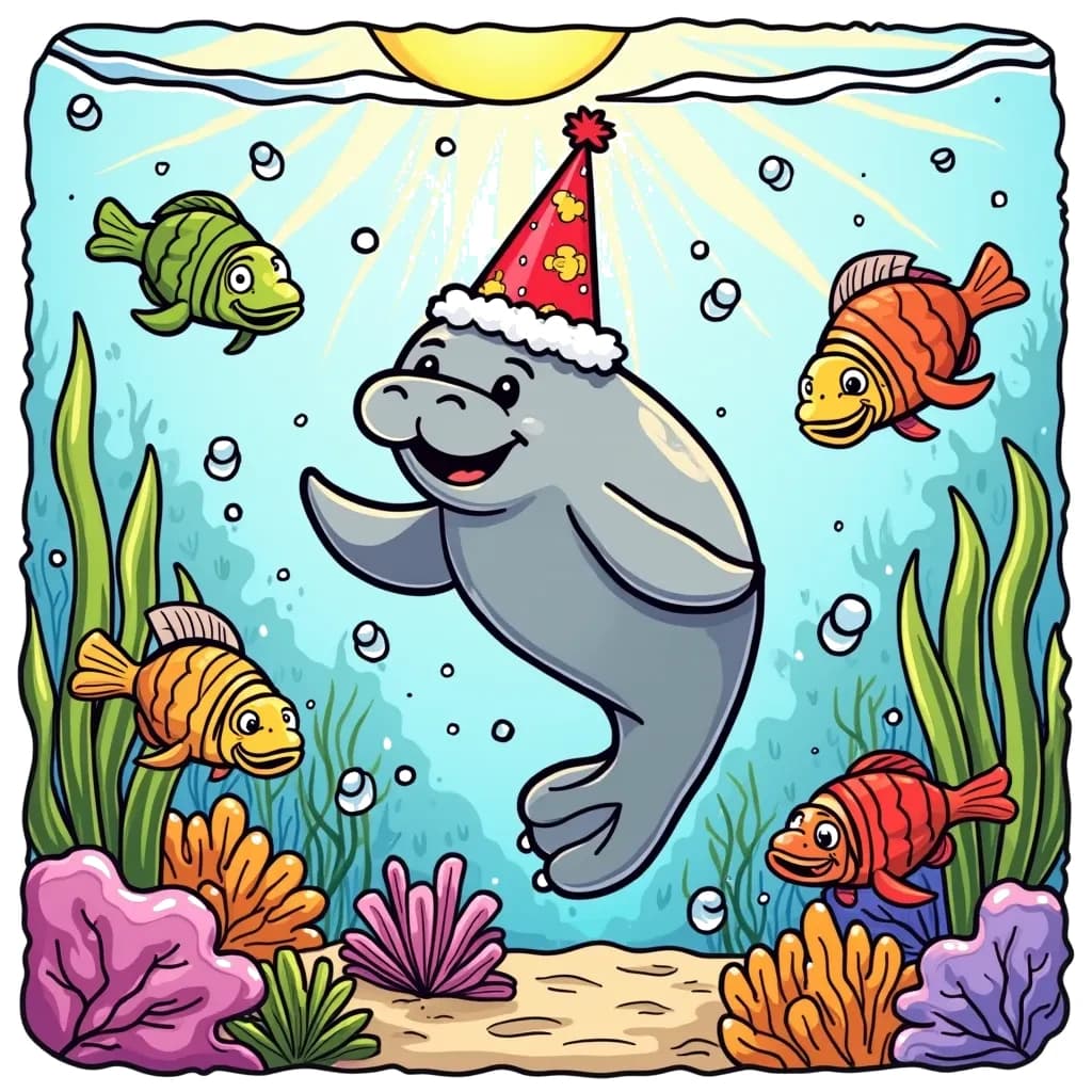 Coloring Page (colored): The Manatee's Underwater Party - A cheerful manatee surrounded by colorful fish and coral reefs, wearing a party hat and enjoying a bubble-blowing contest with sea turtles. Rays of sunlight filter through the water above.