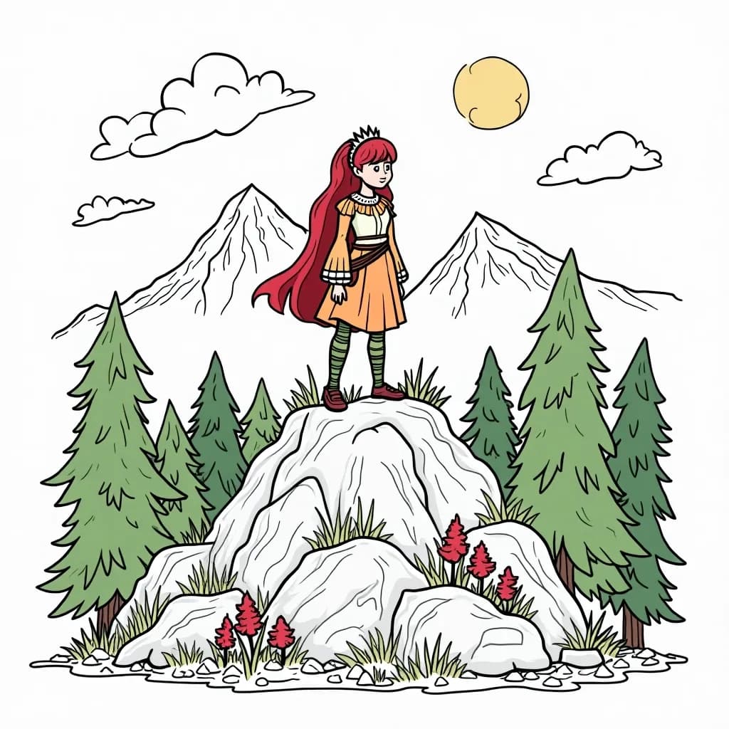 Coloring Page (colored): Mountain Princess - A brave princess standing on a rocky peak, looking out over a breathtaking valley filled with colorful wildflowers and a sparkling river.