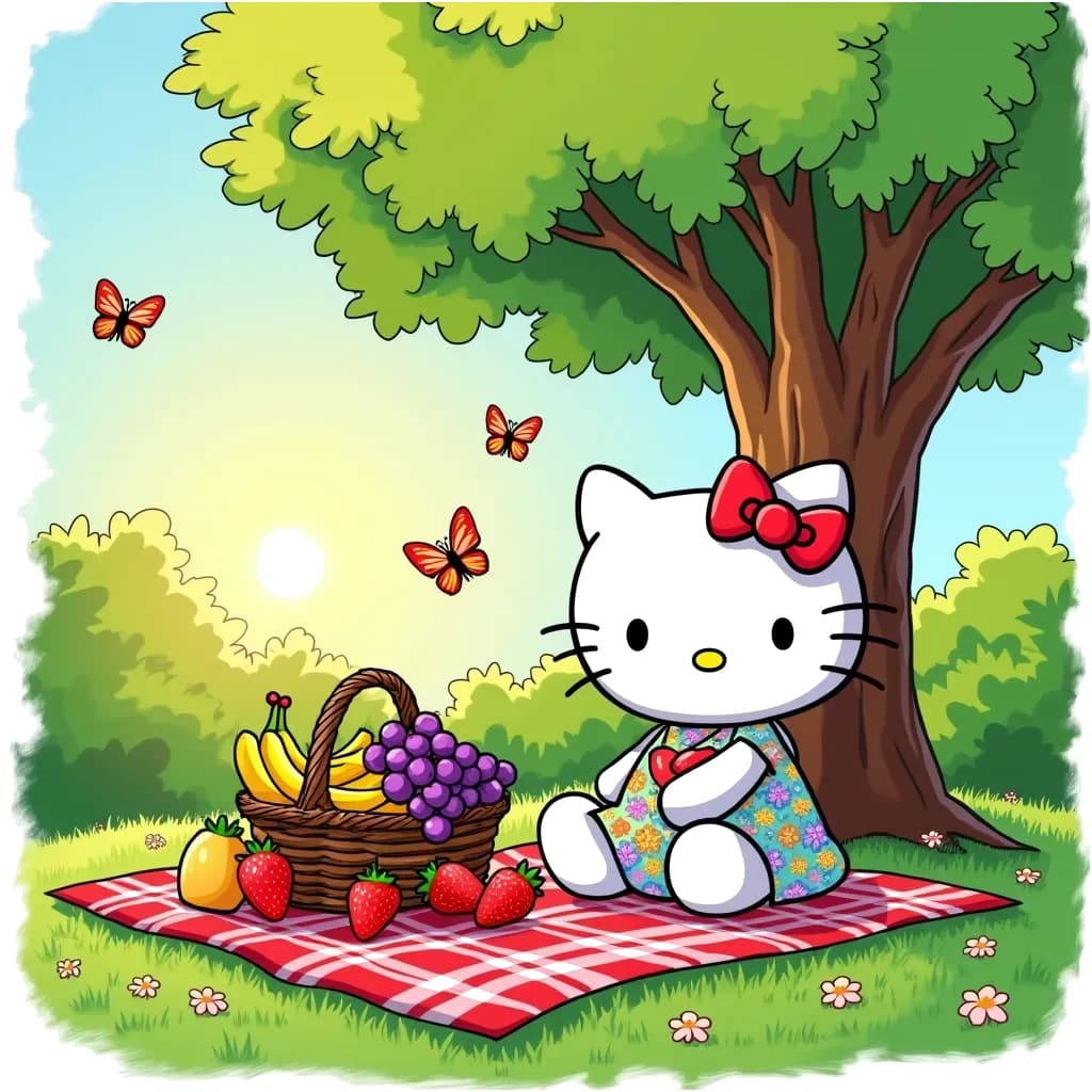 Coloring Page (colored): Hello Kitty's Picnic in the Park - Hello Kitty is having a delightful picnic under a large, leafy green tree in a park. The grass is a bright emerald green, and the sun is shining warmly, creating soft golden rays. A picnic blanket with red and white checkered pattern is laid out with a basket full of assorted fruits in bright colors: juicy red strawberries, sunny yellow bananas, and deep purple grapes. Hello Kitty is wearing a cute pastel dress with floral patterns, and butterflies with varying colors are fluttering around her, enhancing the joyful summer atmosphere.