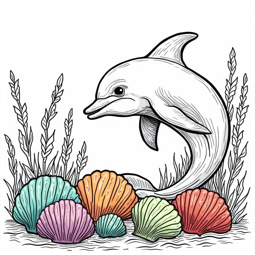 Coloring Page (colored): Dolphin Gazing at the Shells - A dolphin curiously gazing at beautifully patterned seashells scattered across the sandy ocean floor, with rays of sunlight illuminating them.