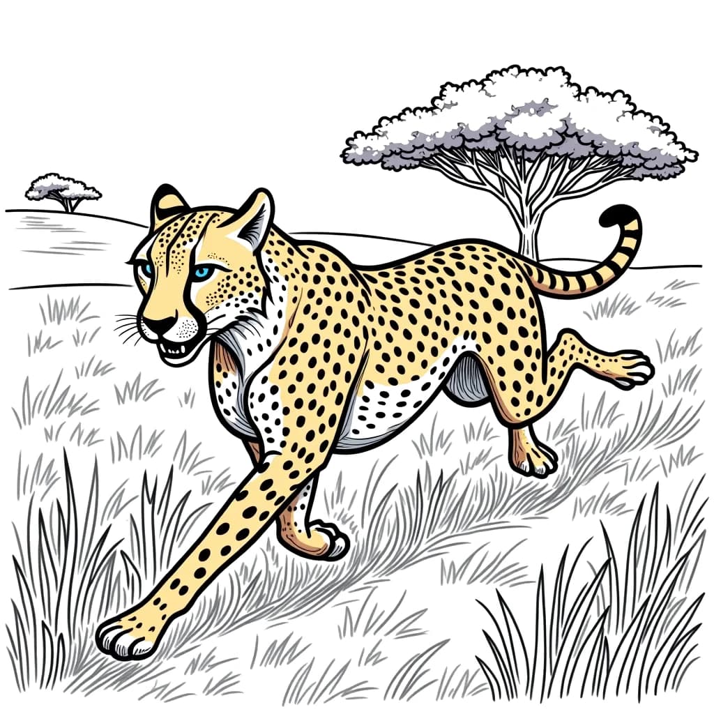 Coloring Page (colored): Run Wild - A fast-running cheetah sprinting across the savannah, with a few blades of grass and a distant acacia tree in the background.