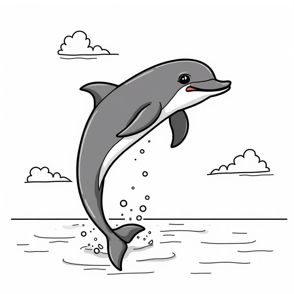 Coloring Page (colored): Dolphin Acrobatics - A dolphin performing acrobatics in mid-air, with confetti raining down and a cheering crowd of various sea creatures.