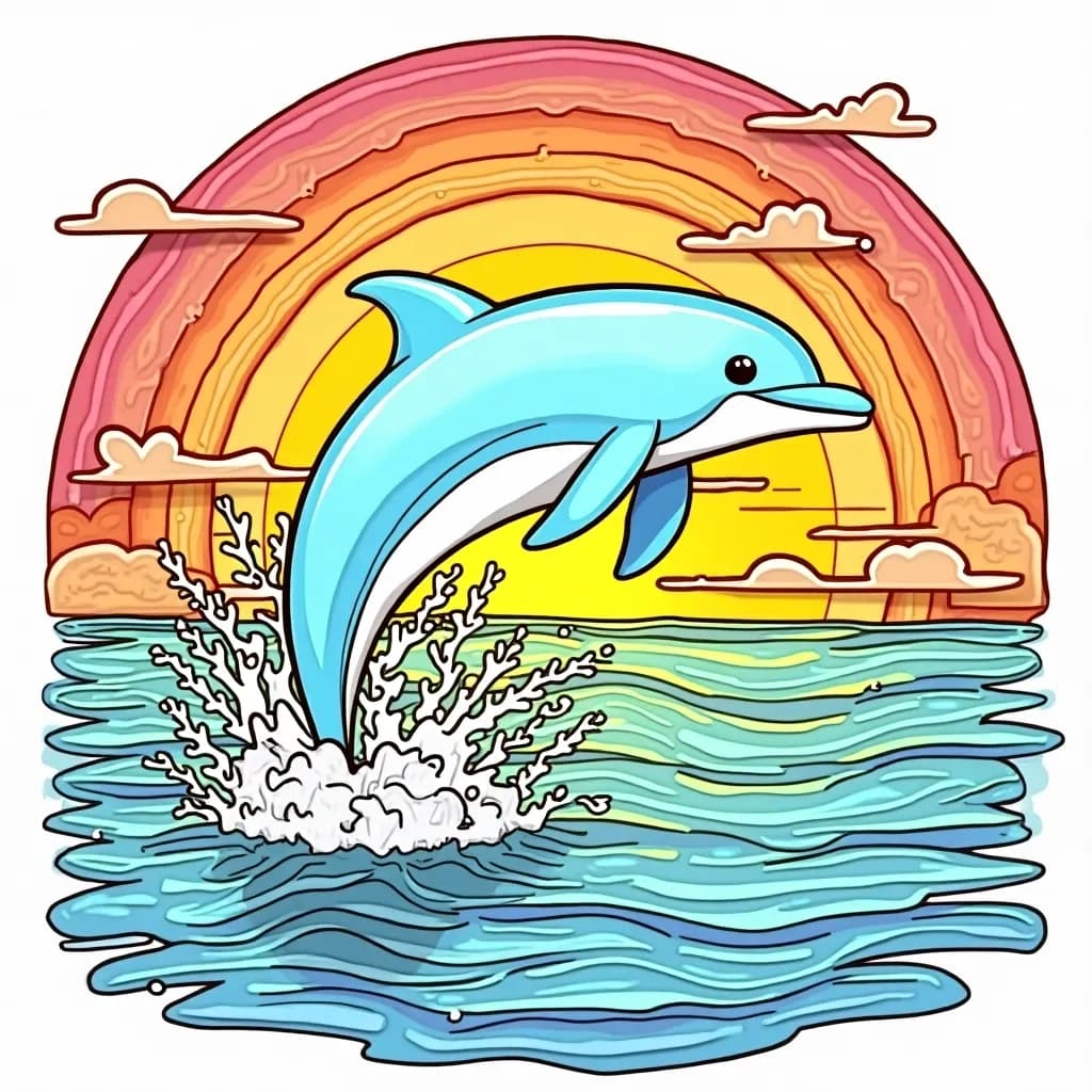 Coloring Page (colored): Dolphin Greeting the Sunrise - A dolphin jumping out of the water as the sun rises on the horizon, painting the sky with warm oranges and pinks, and the ocean shining like gold.