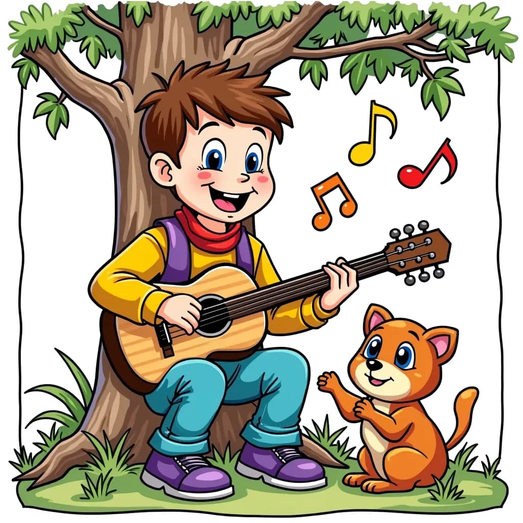 Coloring Page (colored): Guitar Serenade - A cheerful musician strumming a colorful guitar under a tree, with musical notes floating around them.