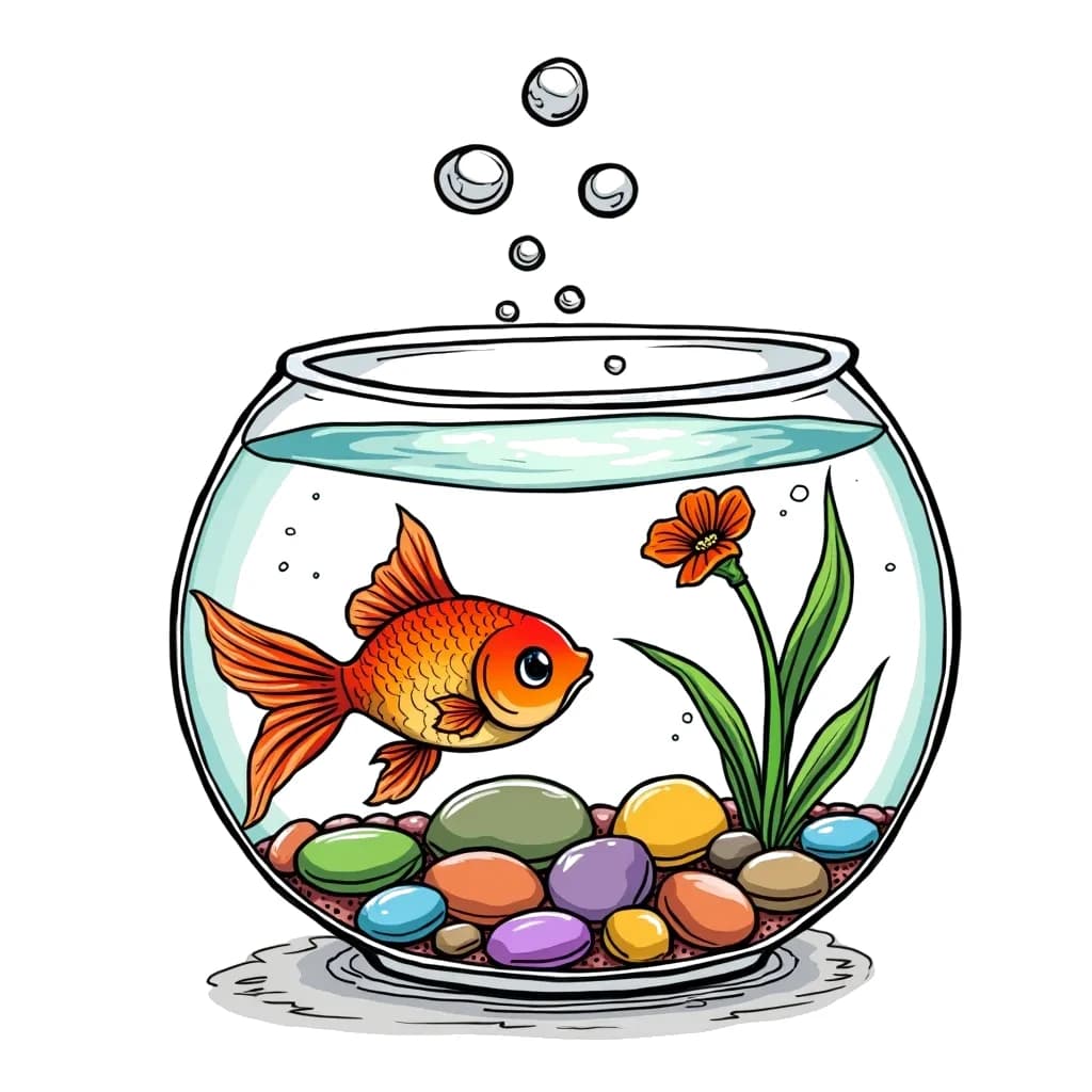 Coloring Page (colored): Goldfish in a Bowl - A goldfish swimming in a round bowl decorated with pebbles and a tiny plant, with bubbles rising to the top.