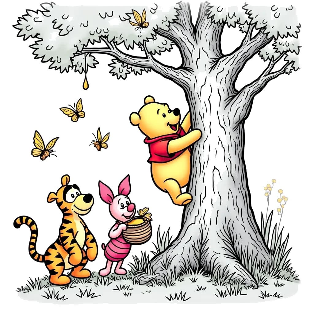 Coloring Page (colored): Winnie the Pooh's Honey Hunt - Winnie the Pooh is on an adventure in Hundred Acre Wood, searching for honey. He is climbing a tree with a big smile, while his friends Tigger and Piglet are below, holding a basket to catch any honey pots that might fall. The tree is filled with butterflies and busy bees buzzing around.