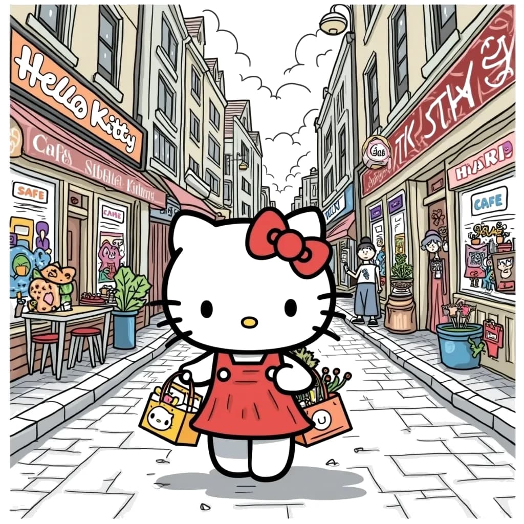 Coloring Page (colored): Hello Kitty's Shopping Adventure - A delightful scene of Hello Kitty exploring a vibrant city shopping street. She is holding shopping bags filled with cute items, and various shops with colorful signs surround her. There's a café where friends can be seen enjoying drinks, and a street performer entertaining passersby.