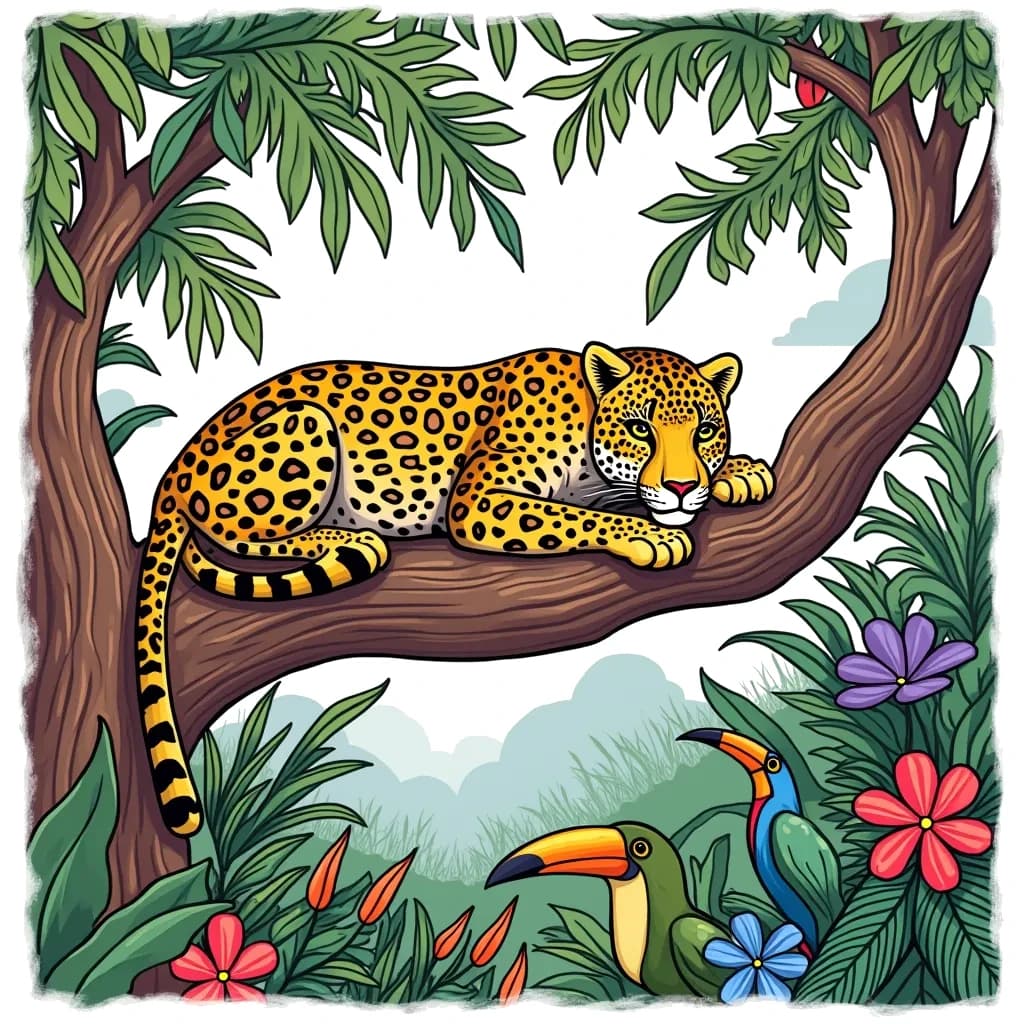 Coloring Page (colored): Leopard in the Jungle - A leopard resting on a tree branch in a lush jungle filled with various plants and exotic birds.