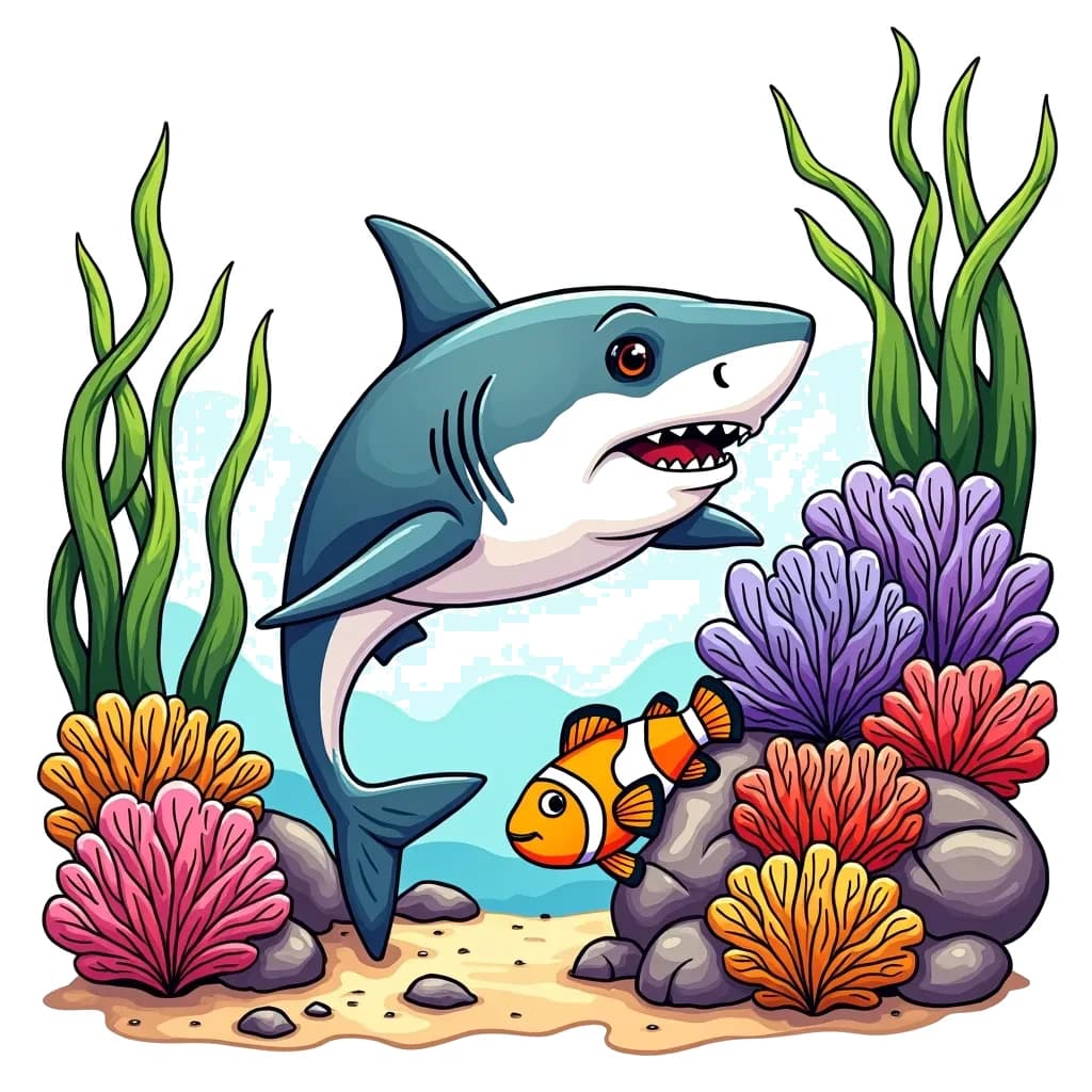 Coloring Page (colored): Shark Encounter - A curious shark swims closely to a colorful coral reef while a little clownfish peeks out from behind a rock, wondering what the shark is up to.