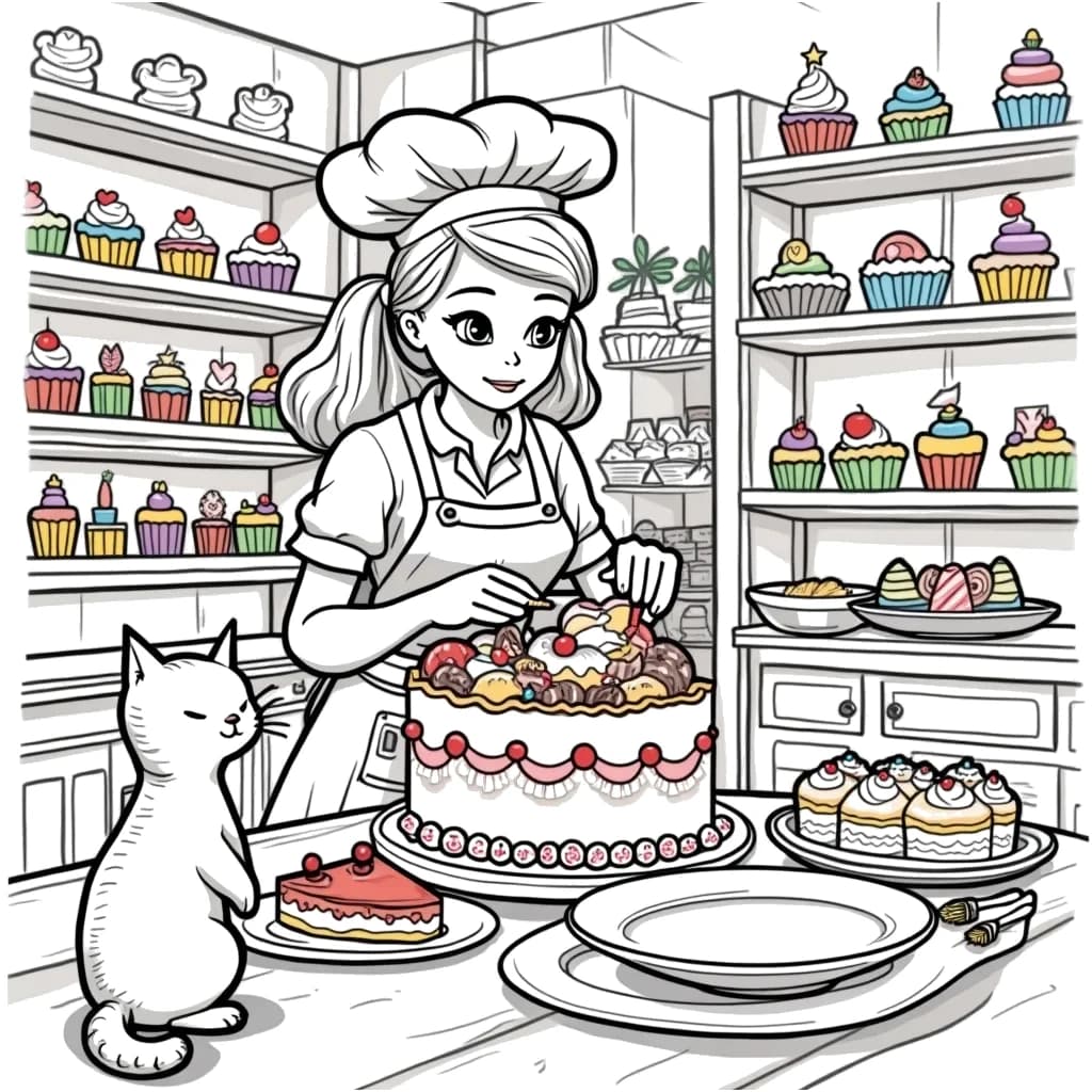 Coloring Page (colored): Baker's Sweet Treats - A baker decorating a large cake in a bright bakery, with colorful cookies and cupcakes on the counter and a friendly cat watching curiously.