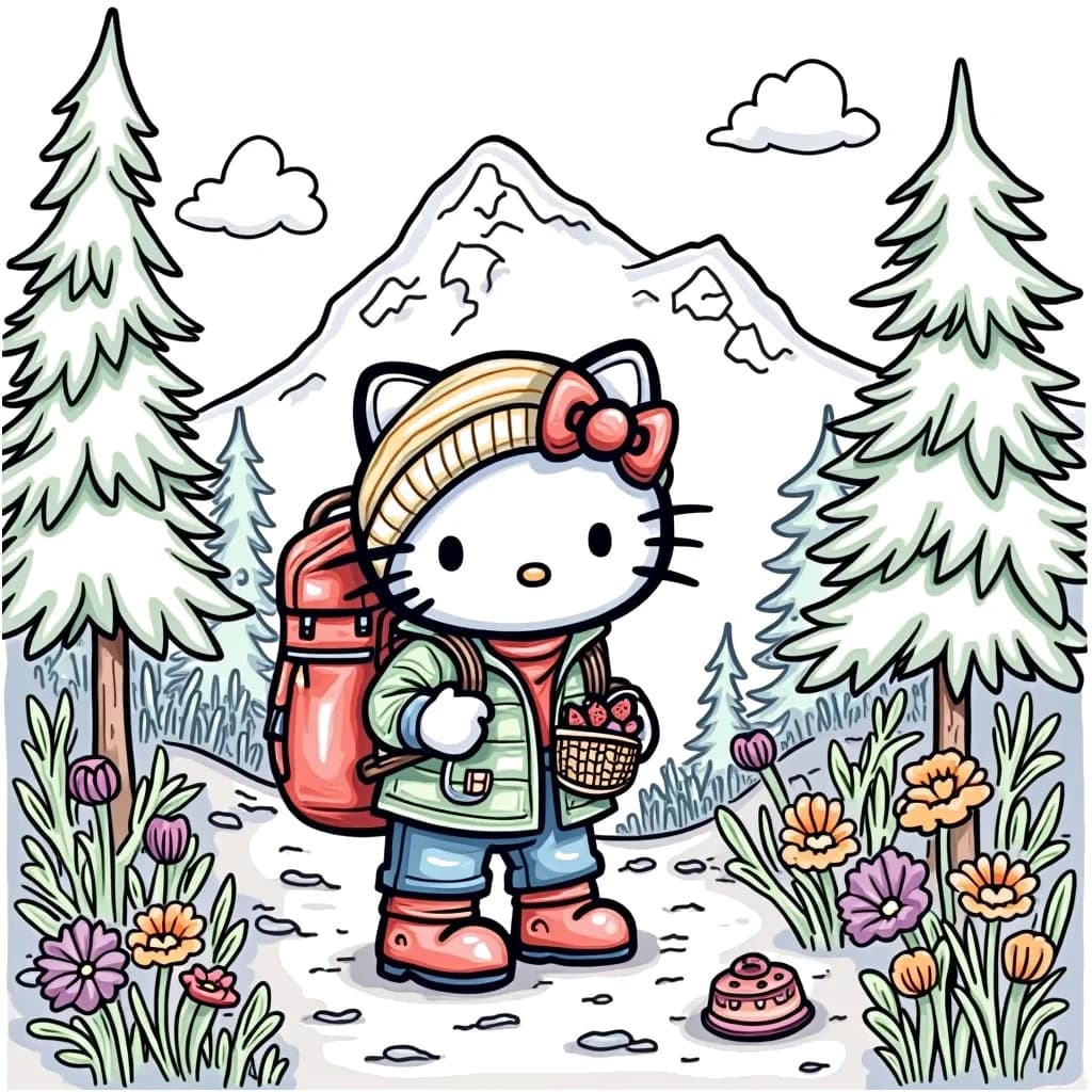 Coloring Page (colored): Hello Kitty in the Mountains - Hello Kitty is on a hiking adventure in the mountains. She is surrounded by tall pine trees and colorful wildflowers. In the background, there are snow-capped peaks and a clear blue sky. Hello Kitty is wearing a cozy jacket and a backpack, carrying a picnic basket filled with treats.