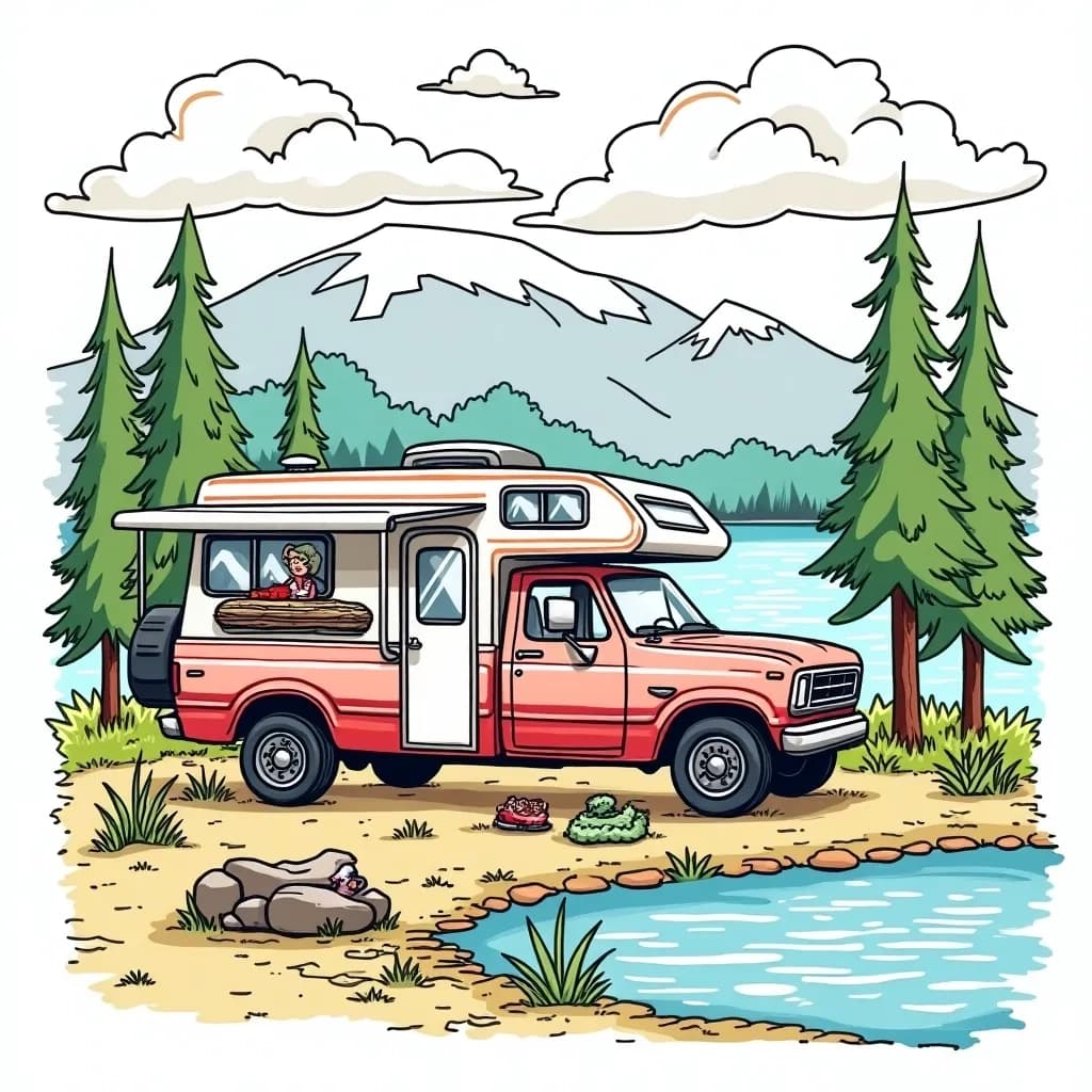 Coloring Page (colored): Camping Trip - A family truck parked by a serene lake, with tents set up and a colorful sunset reflecting on the water.