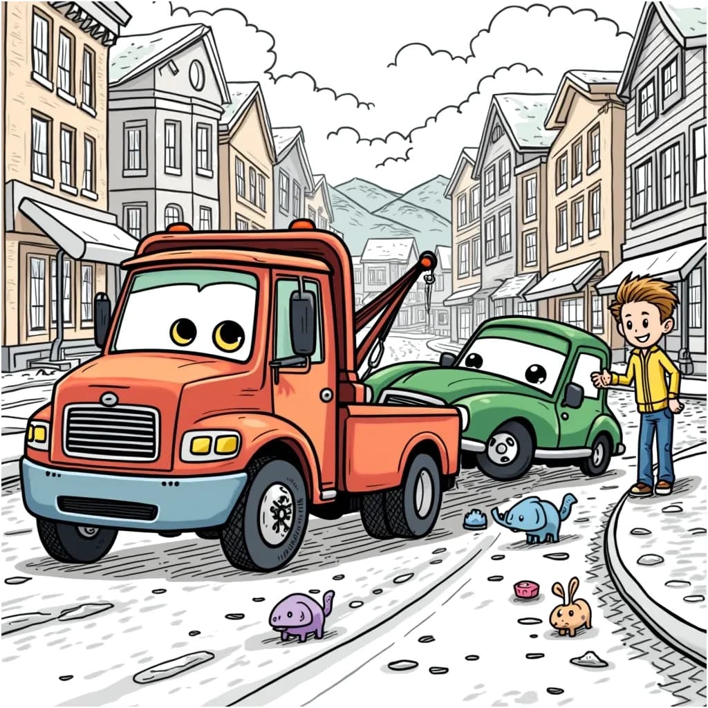 Coloring Page (colored): Tow Truck Rescue - A friendly tow truck is helping a little car that has broken down. The scene is set in a colorful town with smiling pedestrians and playful pets nearby, all cheering for the tow truck as it comes to the rescue!