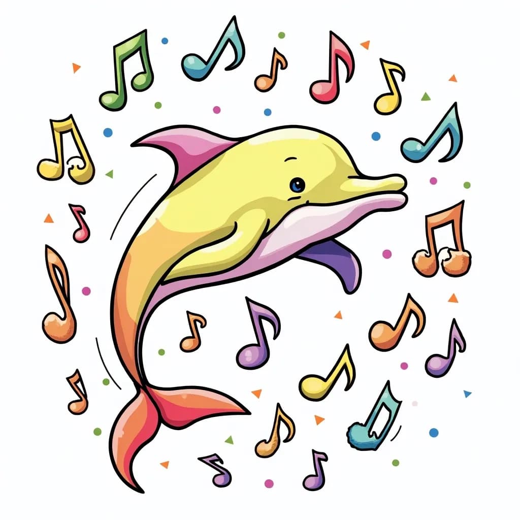 Coloring Page (colored): Dolphin with Musical Notes - A dolphin surrounded by musical notes floating around, creating an atmosphere of joy and rhythm in a bright underwater setting.