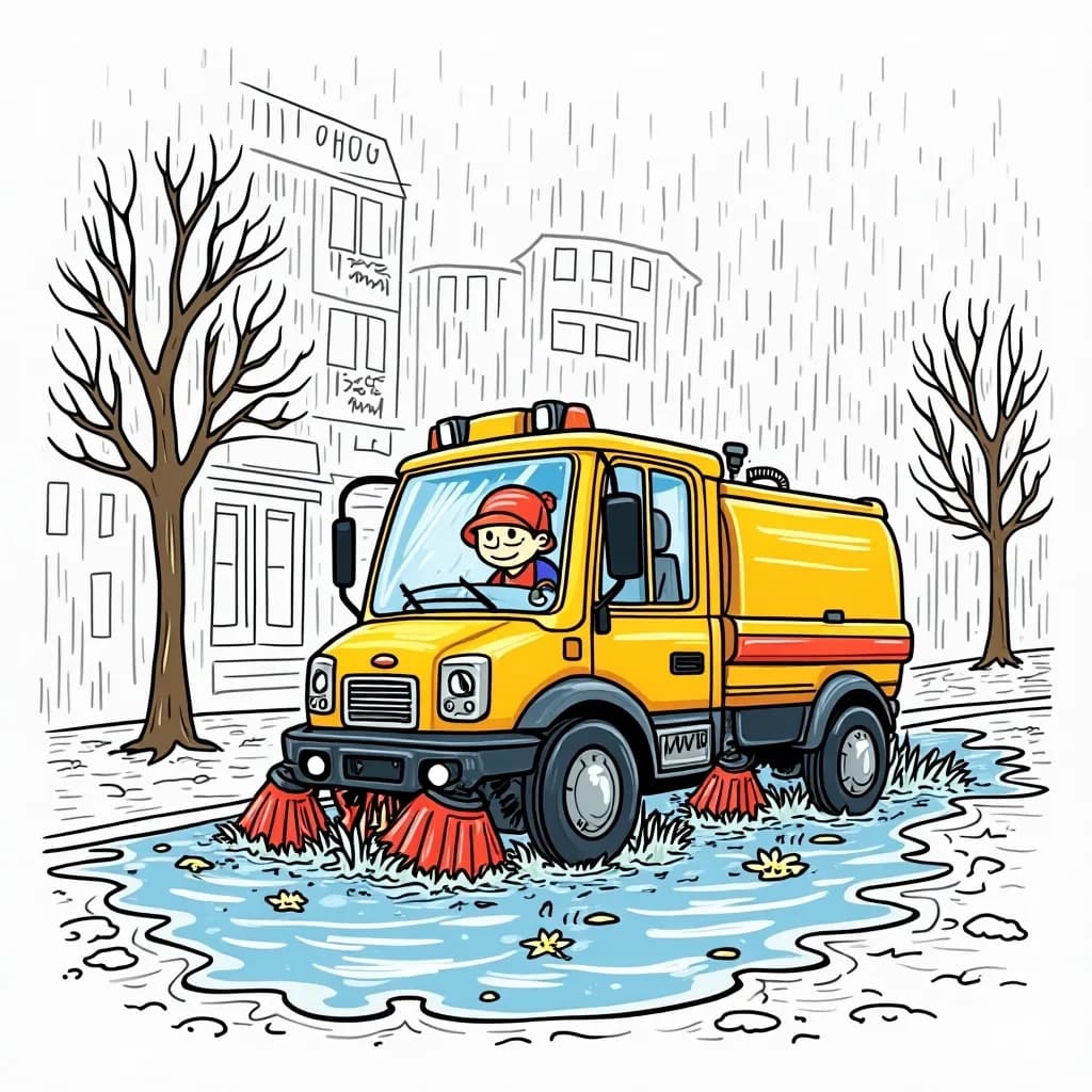 Coloring Page (colored): Rainy Day Cleaning - A street sweeper car, splashing through puddles on a rainy day, with colorful umbrellas held by little creatures watching it go by.