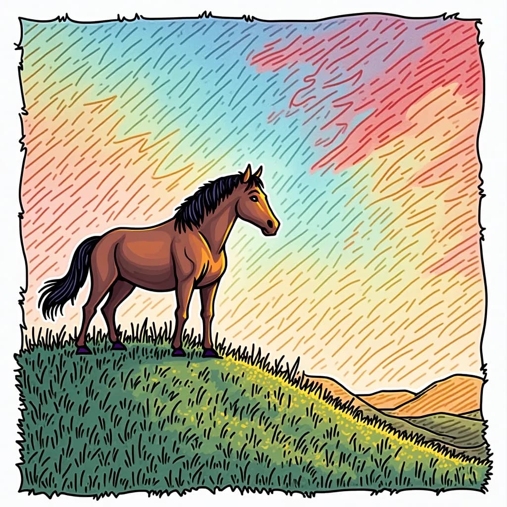 Coloring Page (colored): Horse and the Northern Lights - A silhouette of a horse standing on a hilltop under a sky painted with vivid greens and purples of the Northern Lights, with stars twinkling in the twilight.