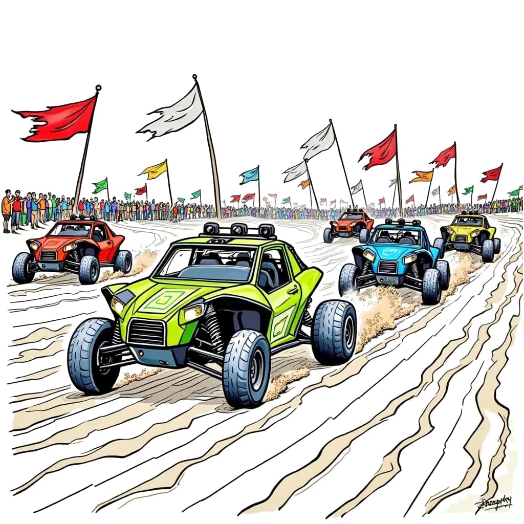 Coloring Page (colored): Dune Buggy Race - An exciting race scene where multiple dune buggies are competing against each other across a vast expanse of sand dunes. Spectators are cheering in the background, and various flags are waving in the wind. The buggies are designed in unique colors and patterns, creating a lively atmosphere.