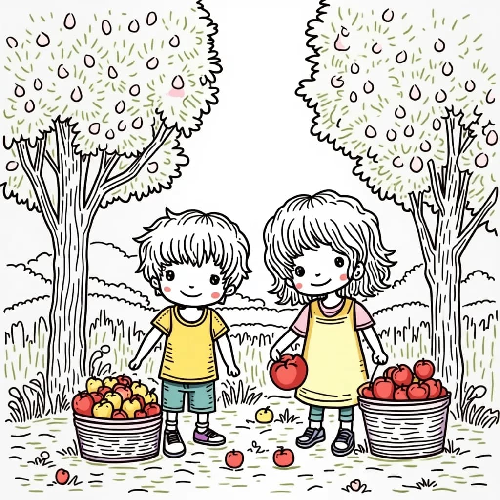 Coloring Page (colored): The Great Apple Picking - Children joyfully picking apples from a quaint apple orchard, with the landscape dotted with trees dressed in golden and red hues.