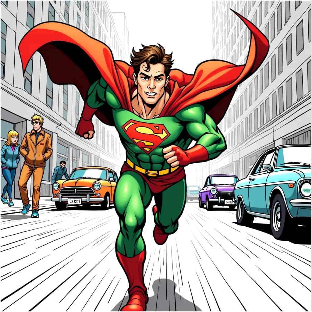 Coloring Page (colored): The Speedster's Dash - A superhero in a vibrant costume, racing through a city street, with blurred cars and surprised pedestrians showing his incredible speed.