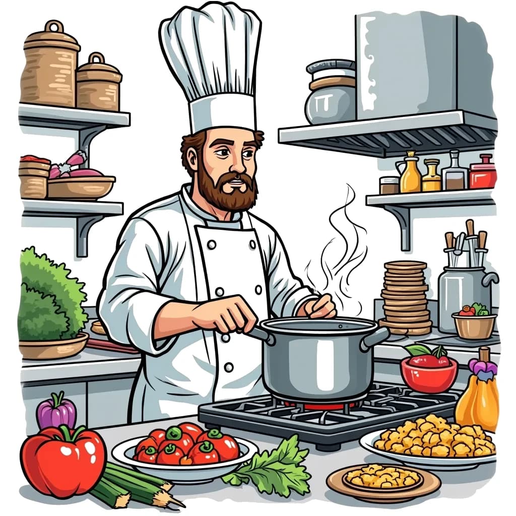 Coloring Page (colored): Chef Cooking in a Kitchen - A chef wearing a tall hat stirring a big pot on the stove in a bustling kitchen filled with food ingredients and colorful utensils.