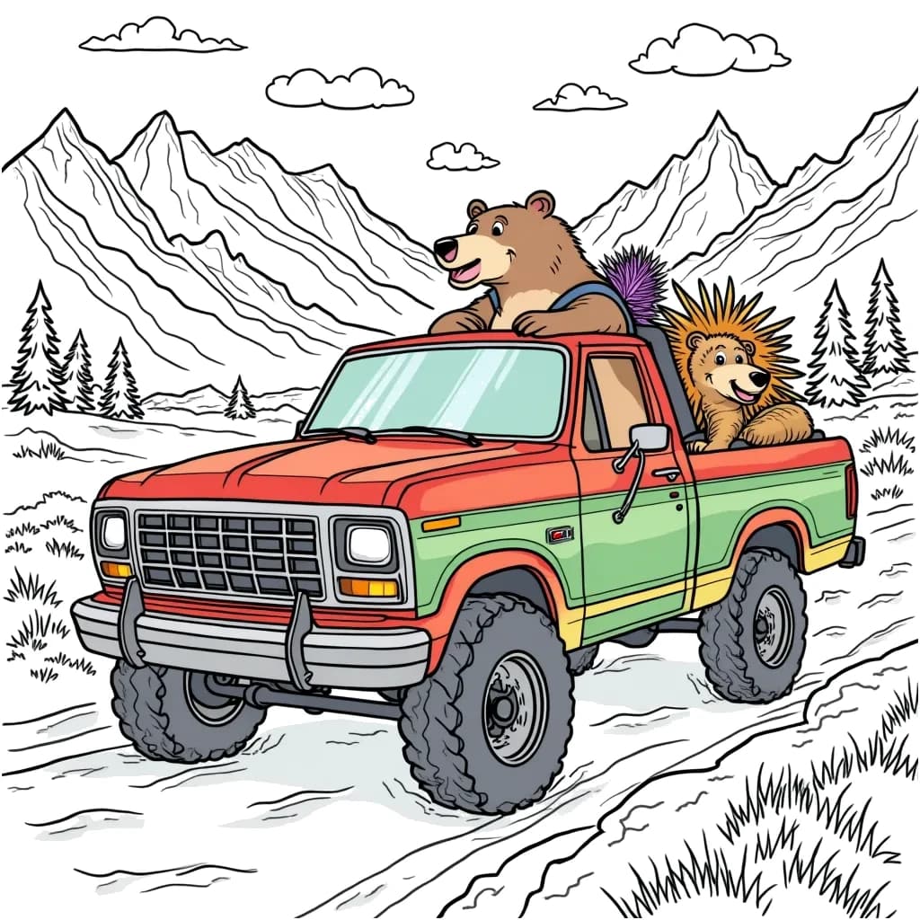 Coloring Page (colored): Pickup Truck Road Trip - A vibrant pickup truck is on a fun road trip with its animal friends: a cheerful bear and a playful porcupine. They are driving through the mountains, stopping to admire breathtaking views along the way.