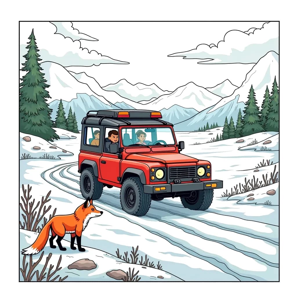 Coloring Page (colored): Tundra Buggy Expedition - A tundra buggy exploring the vast snowy landscape, with a friendly arctic fox curiously watching from the edge of a snowbank.