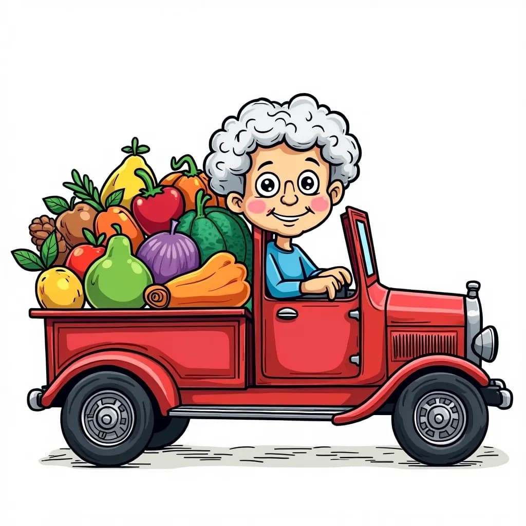 Coloring Page (colored): Grandma's Delivery - An old-fashioned delivery truck filled with oversized flowers, making a delivery in a quaint village.