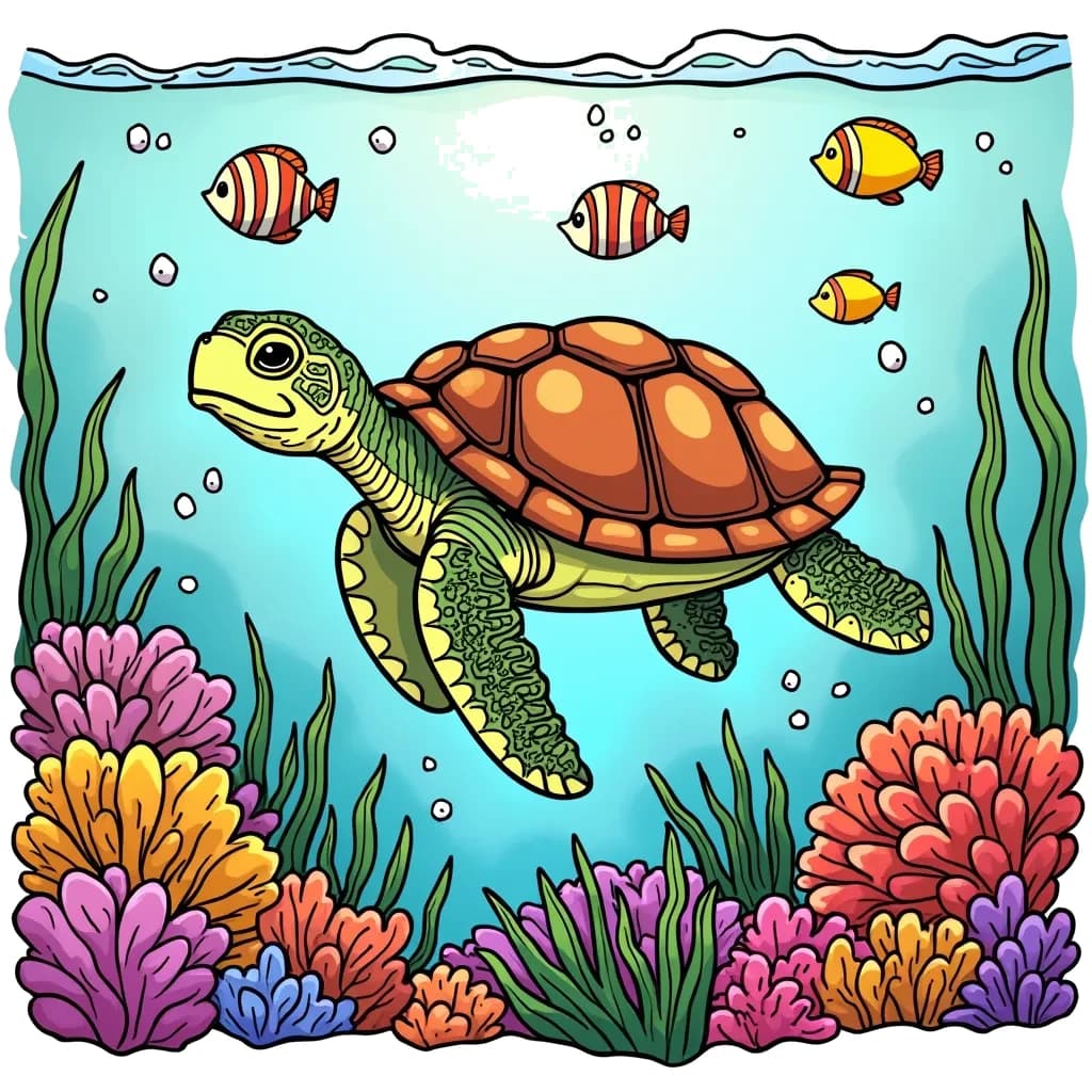 Coloring Page (colored): Turtle Underwater - A turtle swimming peacefully underwater with colorful coral reefs and tropical fish all around.