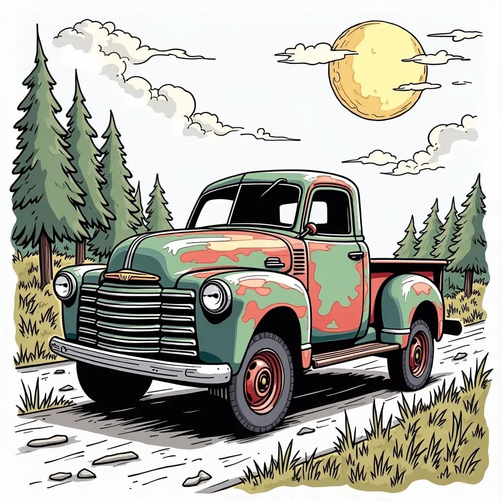 Coloring Page (colored): Haunted Highway - A spooky old pickup truck driving down a moonlit road, surrounded by shadowy trees and glowing jack-o-lanterns.